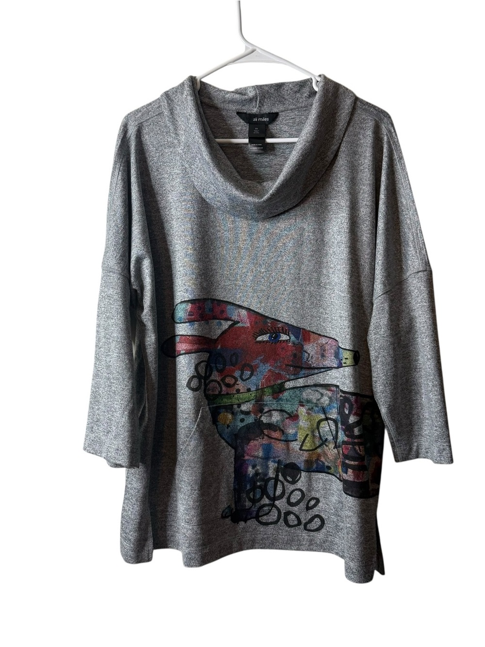 Ali Miles Gray Dog Bird Graphic Artsy Lagenlook Cowlneck Sweater